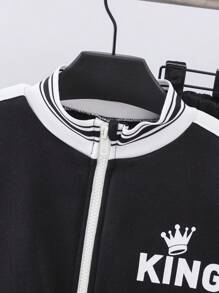 SHEIN 2 件套青少年男孩运动印花和拼布针织立领开衫长袖上衣和裤子套装，休闲装 - 黑色 - 查看 5