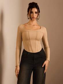 Glamine 垂坠领鱼骨细节不对称下摆长袖女式 T 恤，适合日常约会、商务女式上衣、返校节上衣，适合女性秋季服装 - 卡其色 - 查看 1