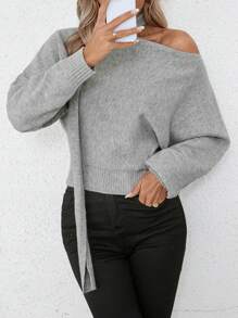 SHEIN Clasi Women's Casual Asymmetric Collar Batwing Sleeve Solid Sweater, Autumn/Winter Knit Pullover Fall - Grey - View 6
