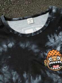 Conjunto de primavera/verano de 2 piezas para niño preadolescente: Camiseta de manga corta con estampado de cara de dibujo animado grande + Pantalones cortos de playa con estampado de letras y números