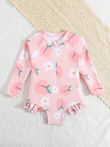 SHEIN 女婴泳衣，随机印花，荷叶边，连体泳衣