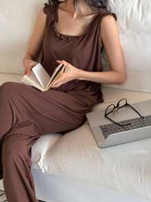 DAZY Solid Color Wood Frill Trim Decor Vest And Long Pants Loungewear Set Pajama - Coffee Brown - View 1