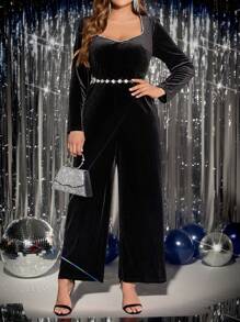 SHEIN Clasi Plus Size Women Party Elegant Black Velvet Sweetheart Neck Chain Rhinestone Decorated Long Sleeve Jumpsuit, Autumn