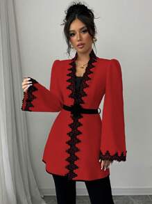Elenzga Women Regular Fit Jacket With Contrast Color Paneled Floral Lace Waist Detail - Red - View 6