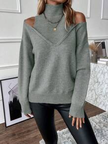 SHEIN LUNE Casual Solid Color Open Shoulder Mock Neck Knit Sweater For Autumn/Winter