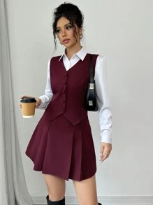 Elenzga Solid Color Sleeveless Vest & A-Line Pleated Skirt Suit