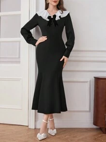 Modelyn Women's Elegant Contrast Collar Mermaid Hem Long Dress, Autumn Long Evening Dresses