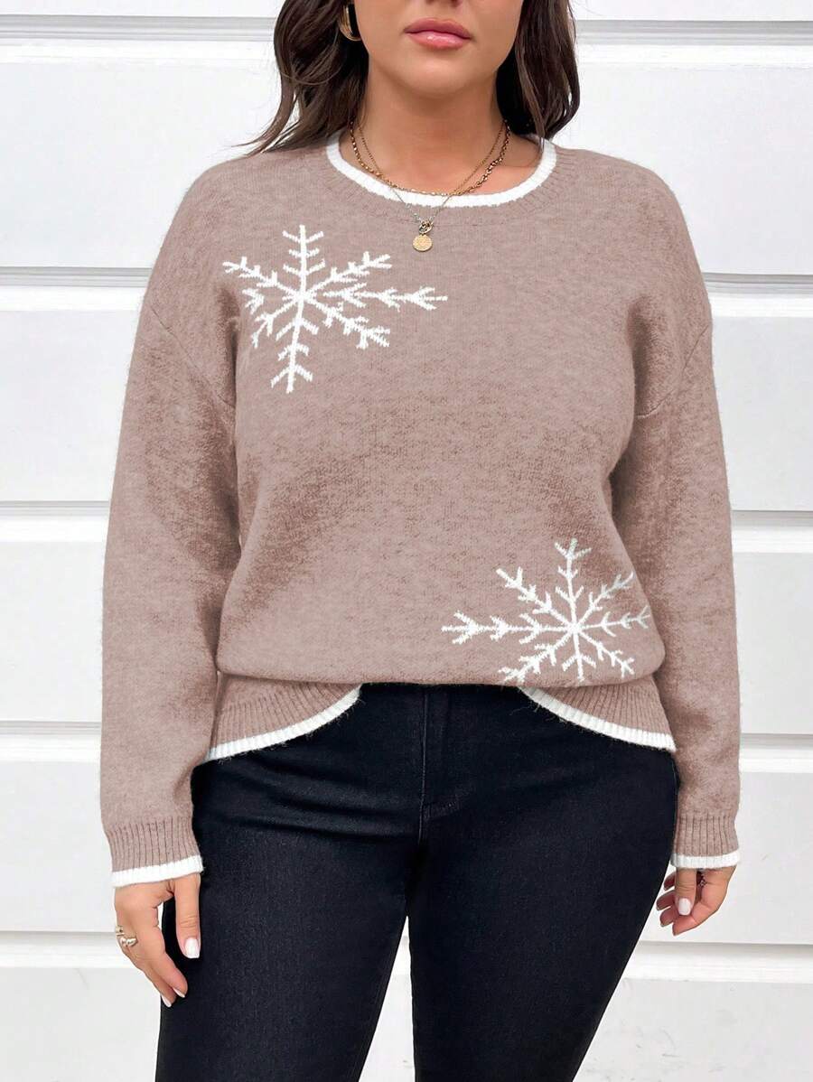 SHEIN LUNE Plus Size Women Christmas Snowflake Pattern Drop Shoulder Long Sleeve Sweater, Autumn/Winter Knit Pullover Fall Sweater