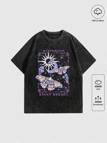 ROMWE Grunge Punk Plus Size Women's Mysterious Star, Moon & Butterfly Print Washed Plus Size T-Shirt