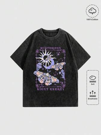 Grunge Punk Plus Size Women's Mysterious Star, Moon & Butterfly Print Washed Plus Size T-Shirt