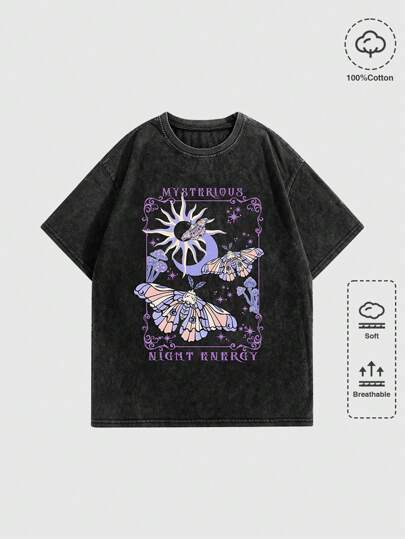 ROMWE Grunge Punk Plus Size Women's Mysterious Star, Moon & Butterfly Print Washed Plus Size T-shirt