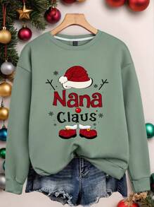 SHEIN LUNE 女士圣诞圣诞老人帽和靴子 Nana Claus 字母图案印花圆领运动衫、长袖上衣 - 綠色 - 查看 1