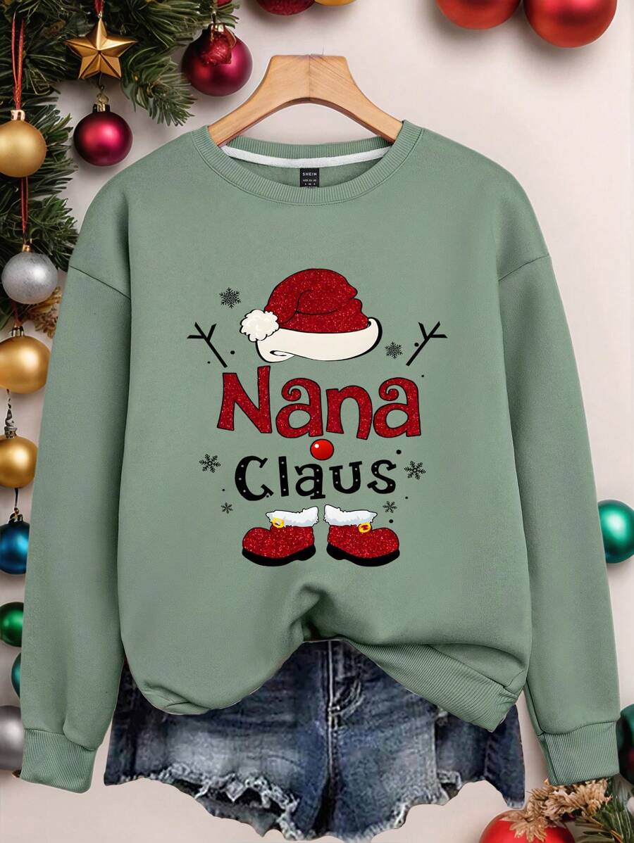 SHEIN LUNE 女士圣诞圣诞老人帽和靴子 Nana Claus 字母图案印花圆领运动衫、长袖上衣 - 綠色 - 查看 1