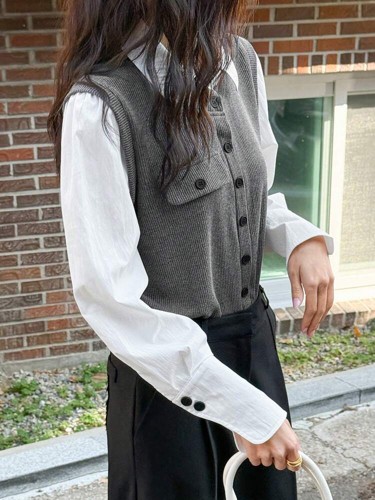 Women's 2 In 1 Color Blocking Shirt With Front Opening,Fall Clothes