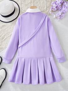 Vestido de sudadera con bloque de color, cuello de camisa y pliegues para niñas preadolescentes, sudadera de estilo escolar con bolso