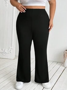SHEIN CURVE+ Plus Size Black High Stretch Flared Pants, Spring - Black - View 8