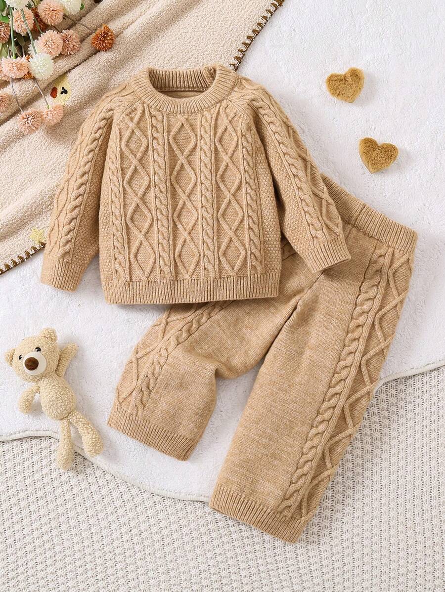SHEIN Baby Girl Minimalist Solid Color Textured Knit Thickened Warm Sweater Set, Suitable For Autumn/Winter Wear And Ideal For Keeping Warm And Casual Wear - Mocha Brown - View 1