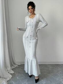 Elenzga Đầm Maxi thanh lịch dài tay kẻ caro viền đuôi cá thời trang thu đông cho nữ - Nhiều màu - Xem 7