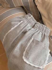 DAZY 女式松紧腰撞色蕾丝宽松长款运动裤，适合所有季节的休闲精致蕾丝女式运动裤秋季女式慢跑裤 - 灰色 - 查看 3