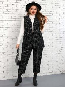 SHEIN LUNE Plus Size Plaid Double Breasted Vest And Pants Suit Winter Clothes For Women - Black and White - View 7