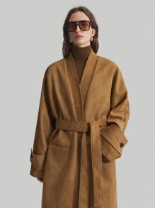 Ontre 2025 New Women's Brown Long Sleeve Casual Loose Collar-Less Trench Coat, Elegant Oversized Outerwear, For Women, Spring, Valentine's Day