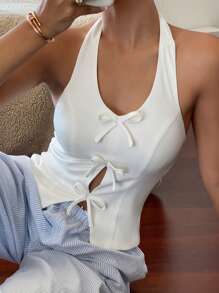 Livesso 女式大号 U 领蝴蝶结前挂脖衬衫，短款上衣，女式外出上衣 - 白色 - 查看 3