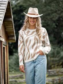 LanaWest Women Casual Asymmetrical Pattern Pullover Sweater Knit Pullover Fall Winter Outfit - Apricot - View 3