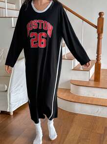 DAZY Camisón holgado con bloqueo de color e impresión de letras americanas casual para otoño e invierno