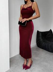 Chiquease Wine-Red Velvet Cowl Neck Spaghetti Strap Open Back Tie-Up Crop Waist Elegant Bodycon Dress For Women Velvet Dress - Burgundy - View 3