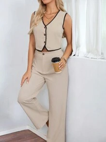 SHEIN LUNE Damska kamizelka jednorzędowa z dekoltem w serek i spodnie, swobodny 2-częściowy zestaw, biznesowy, swobodny