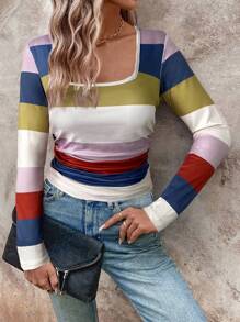SHEIN LUNE Gestreept Color Block Grafisch Print Dames Casual Dagelijks T-shirt