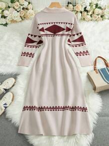 Mulvari Women Geometric Pattern Tie Neck Long Sleeve Casual Knitted Sweater Dress, Autumn/Winter