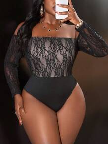 Slaydiva Plus Size Women's Solid Color Long Sleeve Casual Off Shoulder Sexy Lace Bodysuit - Black - View 7