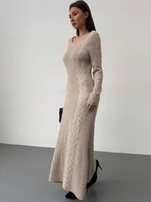 Aloruh Cable Knit Backless Solid Color Long Sleeve A-Line Dress, Slim Fit, Autumn/Winter - Apricot - View 2