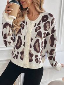 SHEIN LUNE Cárdigan de mujer de manga larga con estampado de leopardo y abotonadura sencilla, para otoño/invierno