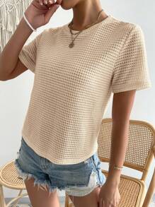 SHEIN Essnce 女士纯色圆领短袖 T 恤，简约休闲，适合日常穿着 - 杏色 - 查看 4