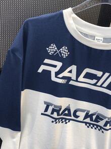 SHEIN Teen Boys' Letter Graphic Crew Neck Affordable Long Sleeve Oversized T-Shirt, Suitable For Pairing With Pants, Joggers, Jackets, Hoodies, Button-Up Shirts, Sweatpants, Racing Fall Winter