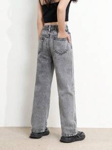 SHEIN TWEEN GIRL All-Match Casual Contemporary Street Style Snowflake Distressed Waist Elastic Waistband 5-Pocket Skinny Fit Straight Leg Jeans, All-Year Versatile And Fashionable Denim Essential