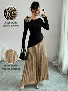 Elenzga Vestido de noche plisado con inserto floral metálico de lujo para mujer