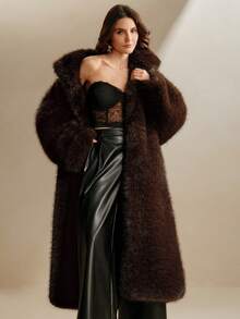 Anewsta New Autumn/Winter Elegant Lady Fox Fur Fake Fur Maxi Coat, Fashion Fluffy Lined Women Long Outerwear - Coffee Brown - View 3