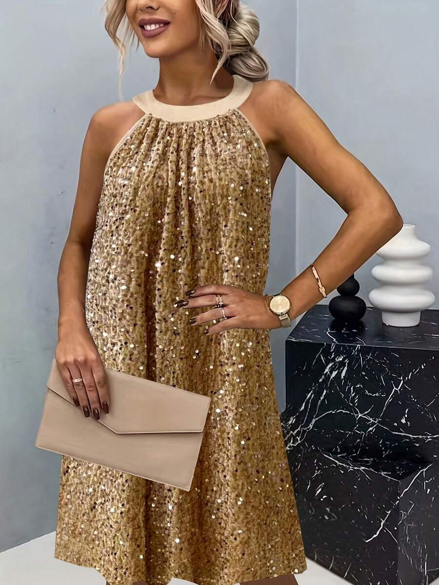 女士优雅浪漫派对金色亮片吊带无袖连衣裙