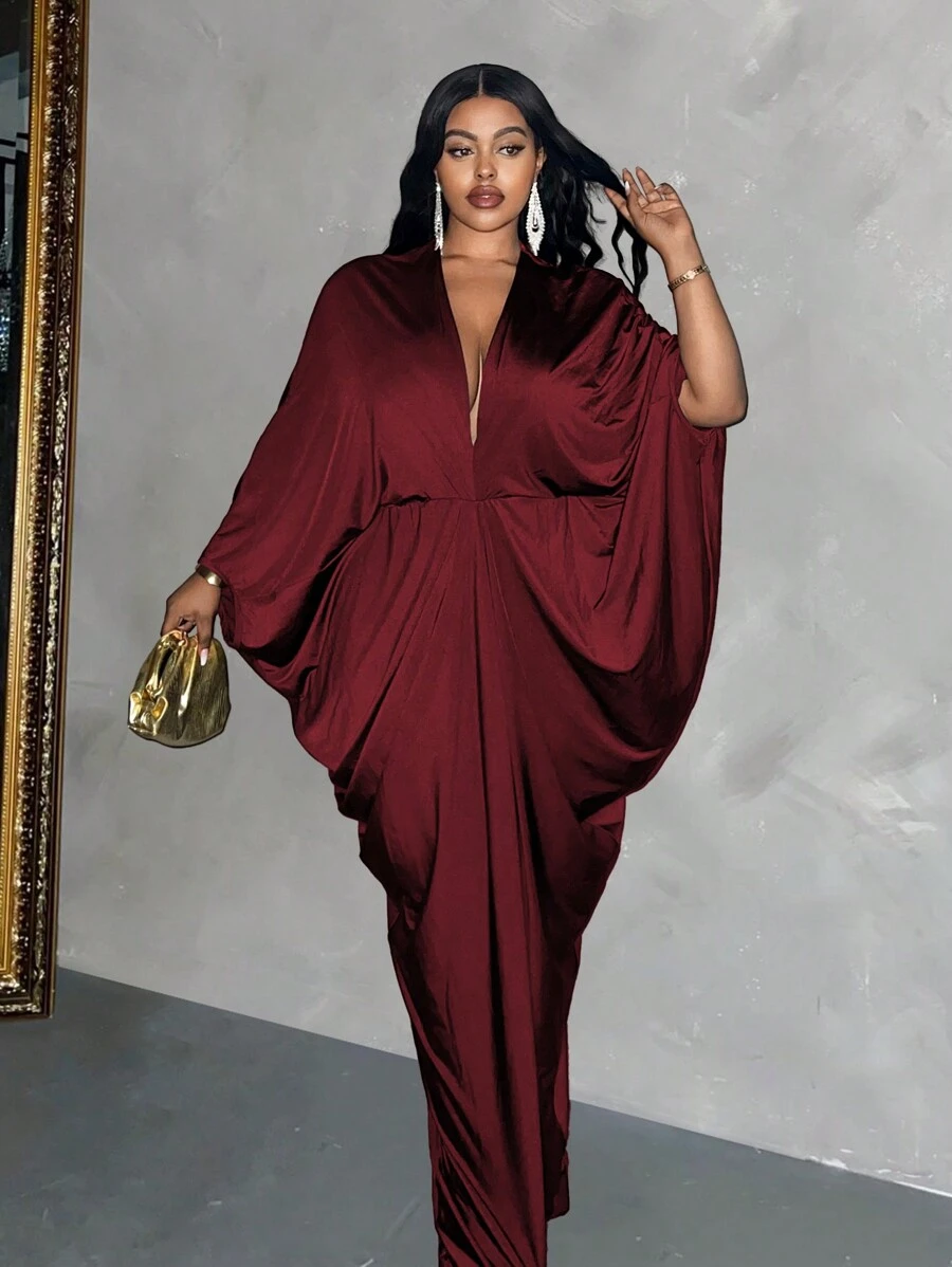 Allurite Plus Size Elegant Party Solid Batwing Sleeve Dress