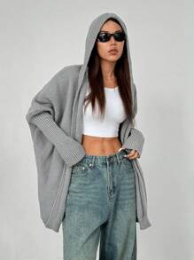Flirla Women Solid Color Bat Sleeve Loose Casual Hooded Cardigan, Versatile For Autumn/Winter