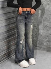 SHEIN Tween Girls Y2K Fashion Retro Stonewashed Ripped Flared Leg Jeans - Medium Wash - View 3