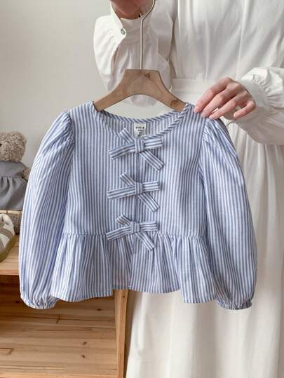 SHEIN LMoss Kids LMoss Young Girl 少女梭织条纹泡泡袖宽松休闲衬衫