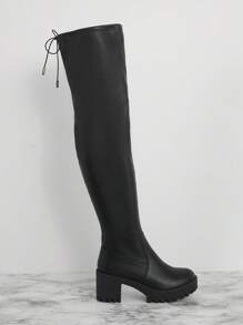 SHUZIA Women's Black Chunky Heel Lug Sole Thigh-High Boots With Drawstring Back – Slimming, Sexy, Comfortable, And Versatile New Year Holiday Valentine Gifts Summer Shoes Valentines Spring Shoes - Black - View 4