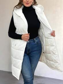 SHEIN Privé 大码女士优雅通勤办公室大学教师制服无袖连帽口袋中长款马甲加垫背心，适合节日、新年、派对、优雅办公室仙女夹克 - 白色 - 查看 6