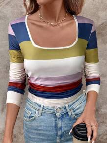 SHEIN LUNE Gestreept Color Block Grafisch Print Dames Casual Dagelijks T-shirt