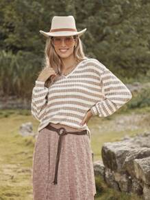 LanaWest Áo thun nữ sọc dài tay cổ chữ V, phong cách thời trang thu mới - Hồng - Xem 6