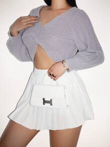 Zolique Women's Fashionable Solid Color Off Shoulder Lantern Sleeve Cropped Sweater, Autumn New Years Sexy Club Holiday Party Women Knit Pullover Fall Winter - Grey - View 3